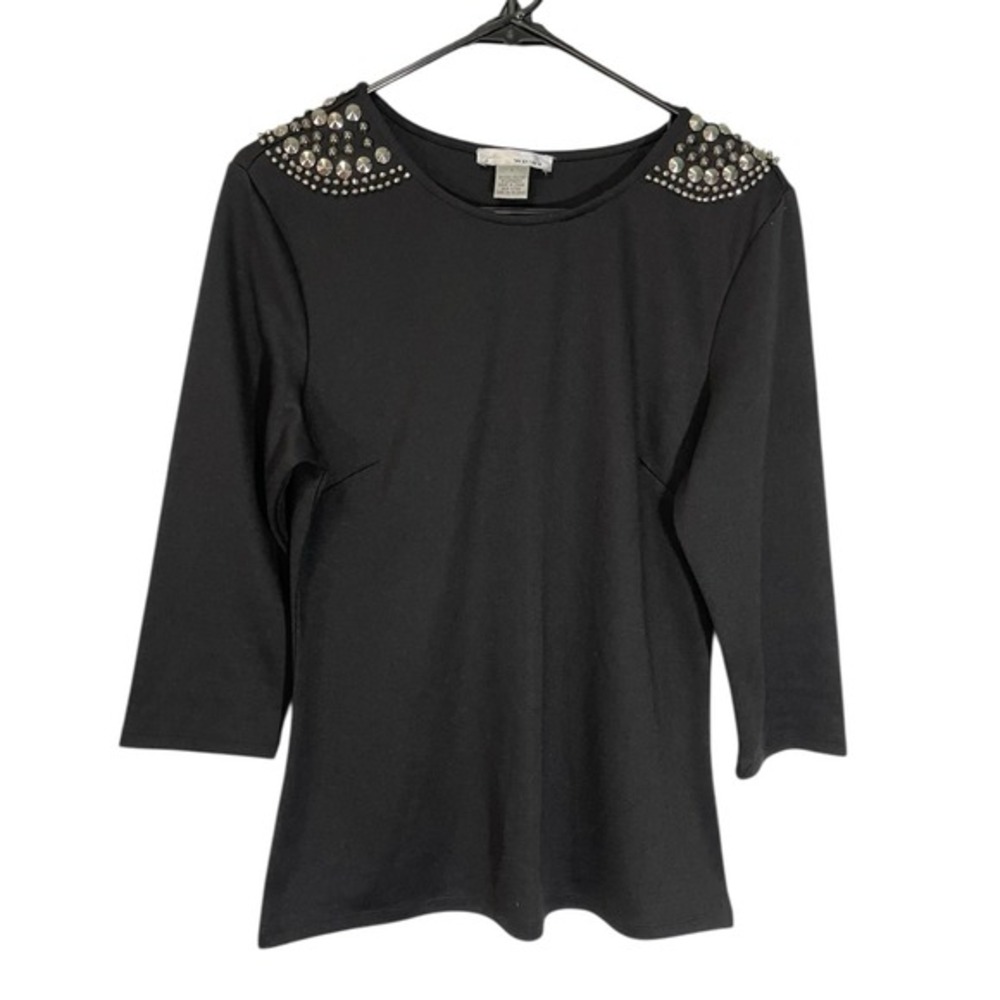 WD-NY L Black 3/4 Sleeve‎ Top Studded Shoulder Embellished Edgy Glam Rocker